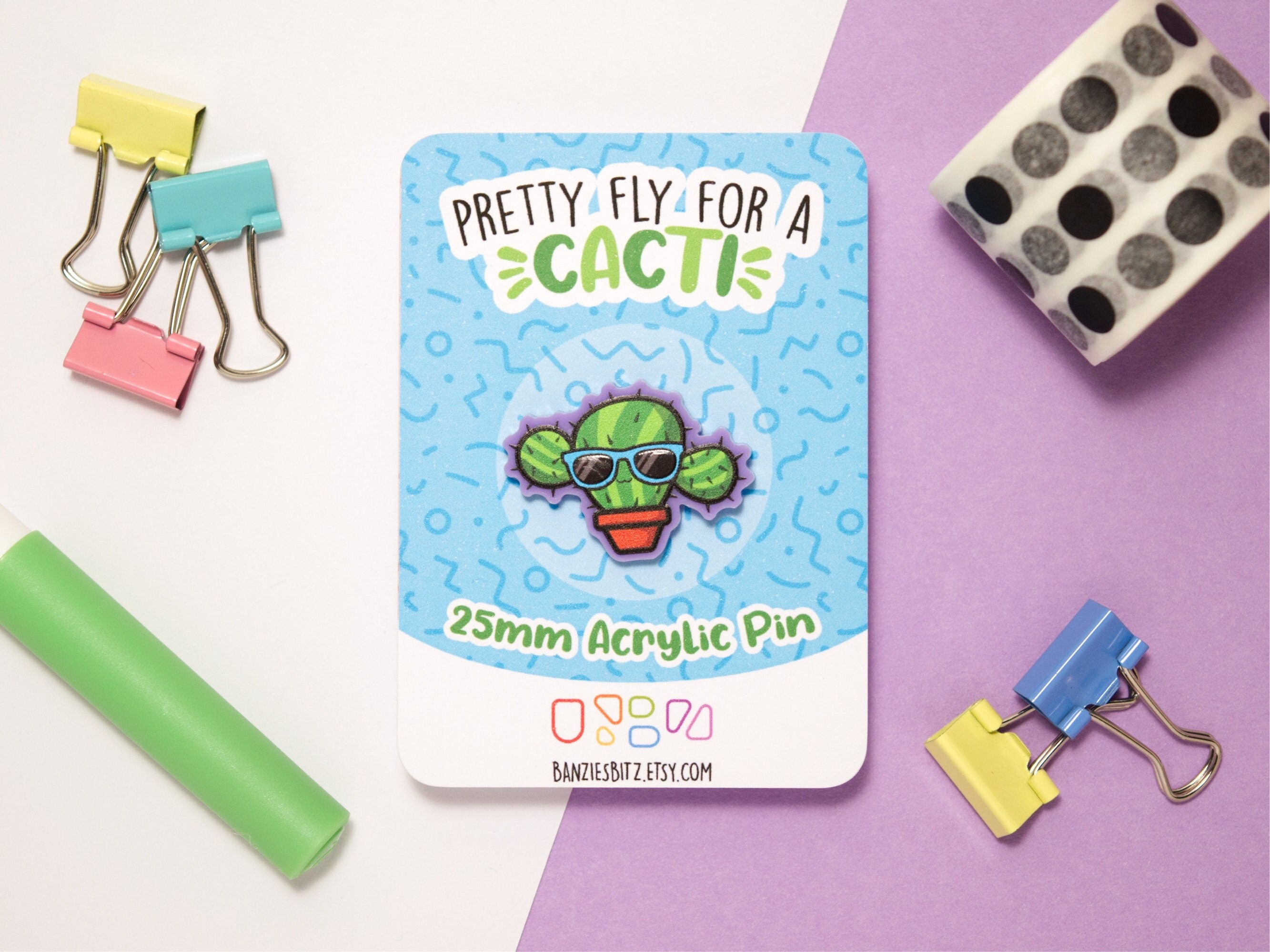 Kawaii Cactus Acrylic Pin: Funny Shades Badge (25mm)