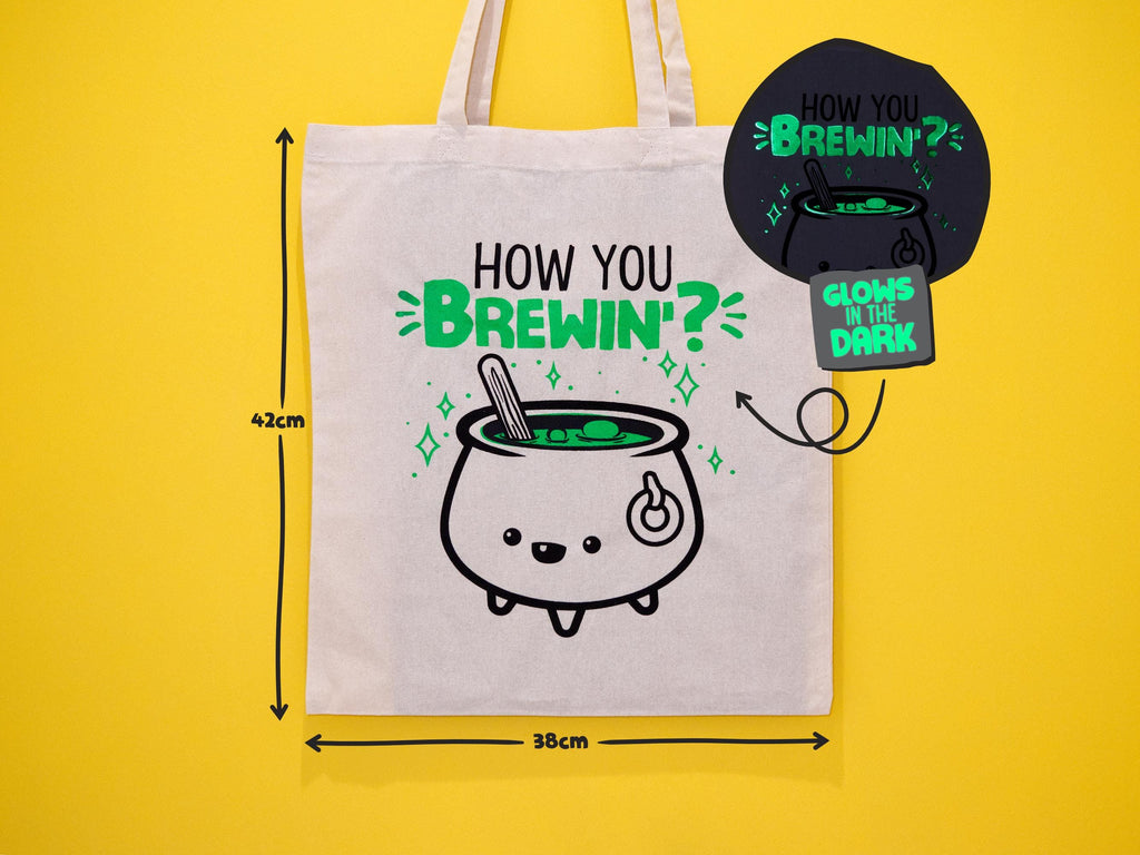 Glow in the Dark Cauldron Tote Bag: Hand Screen Printed Cotton Shopping Bag