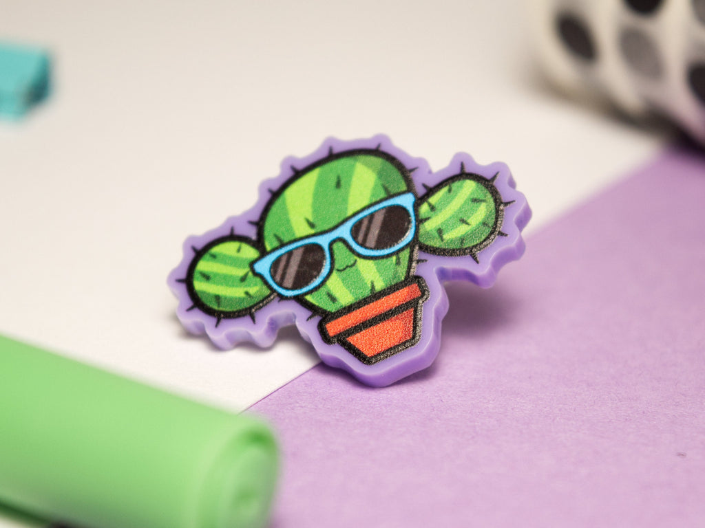 Kawaii Cactus Acrylic Pin: Funny Shades Badge (25mm)