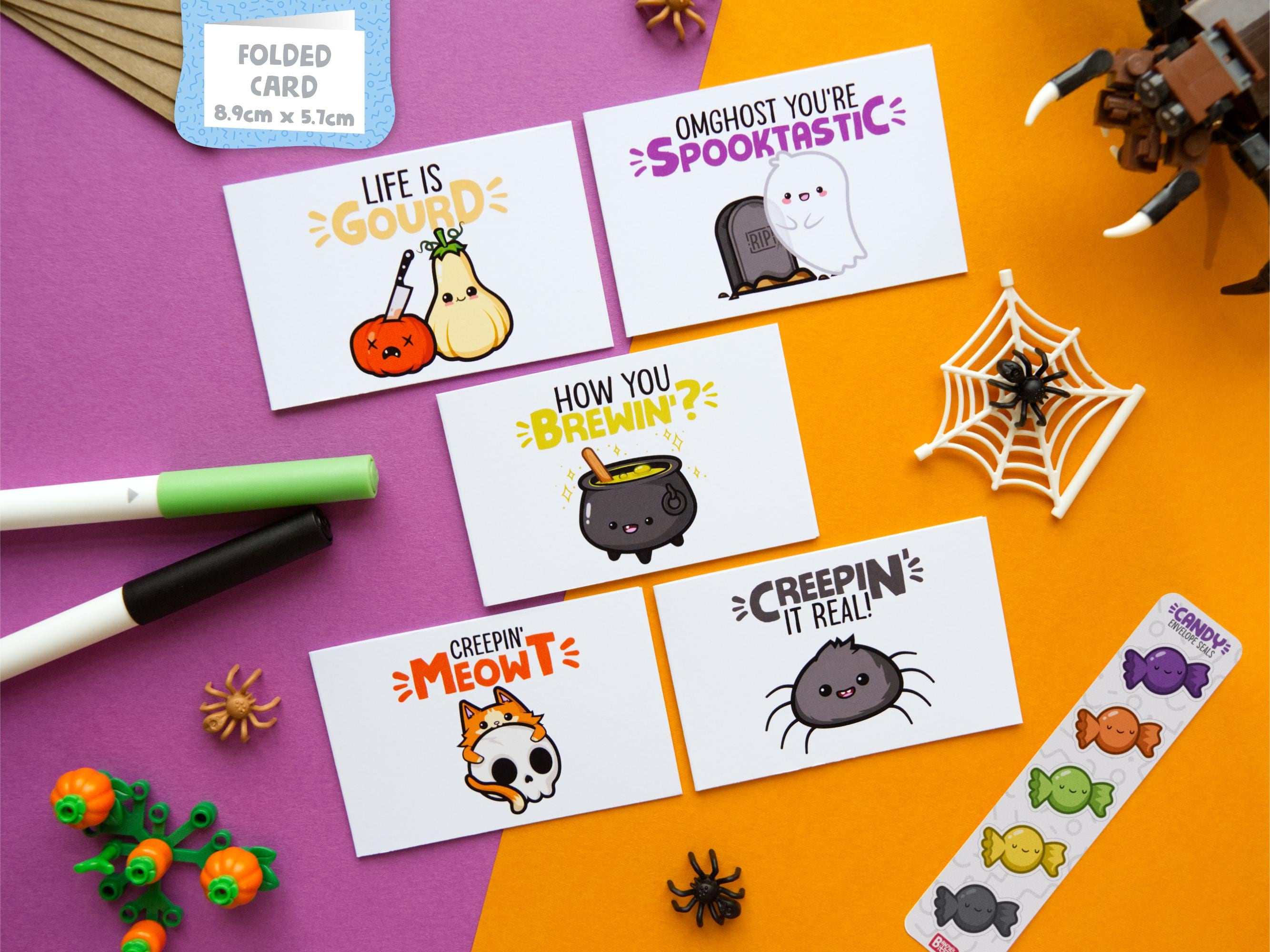 Kawaii Halloween Cards: Pun Note Cards, Spooky Characters (Pack of 5)