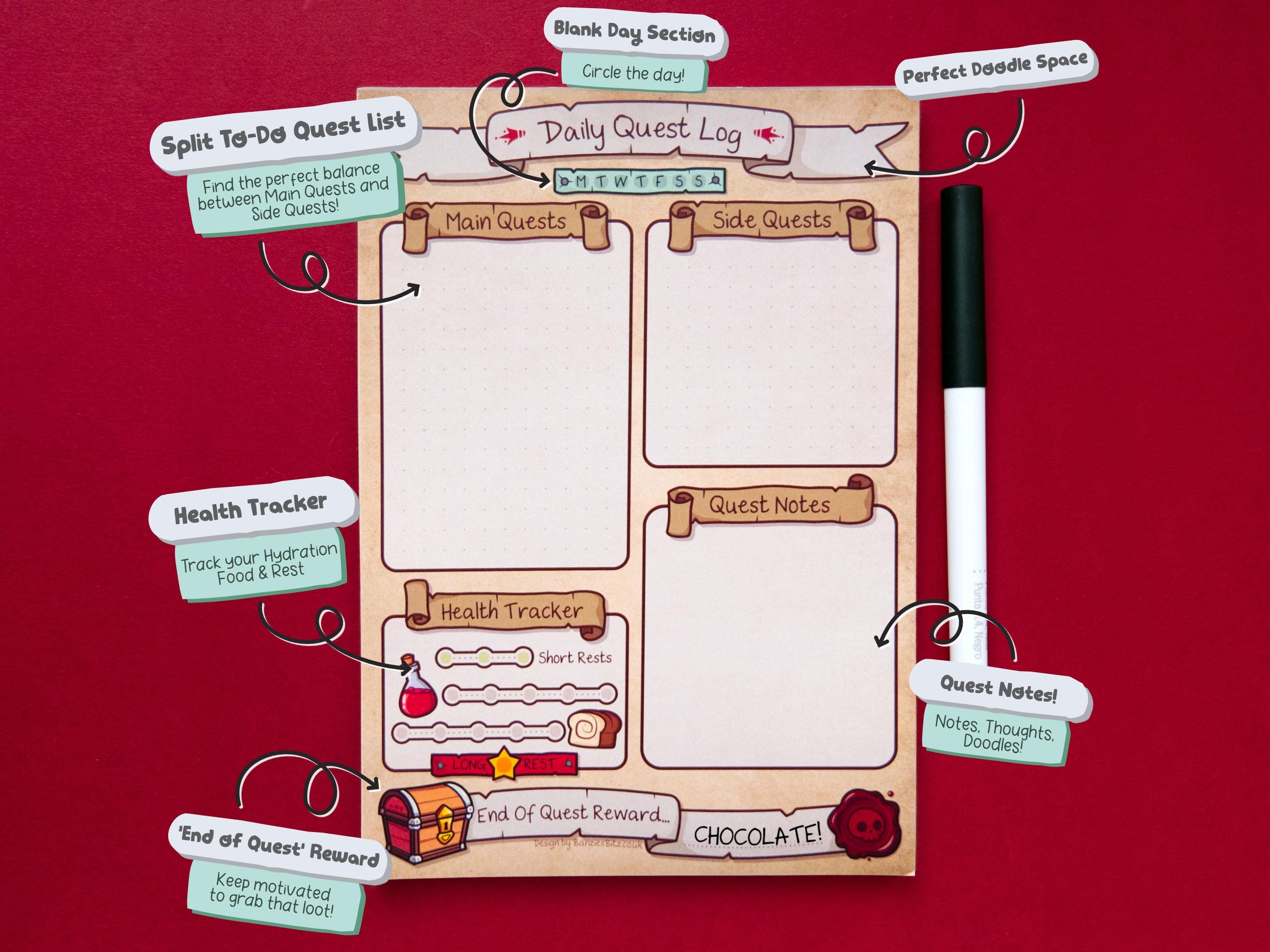 A5 Daily Quest Planner Tear Off To-Do list - RPG Adventure Theme Notepad