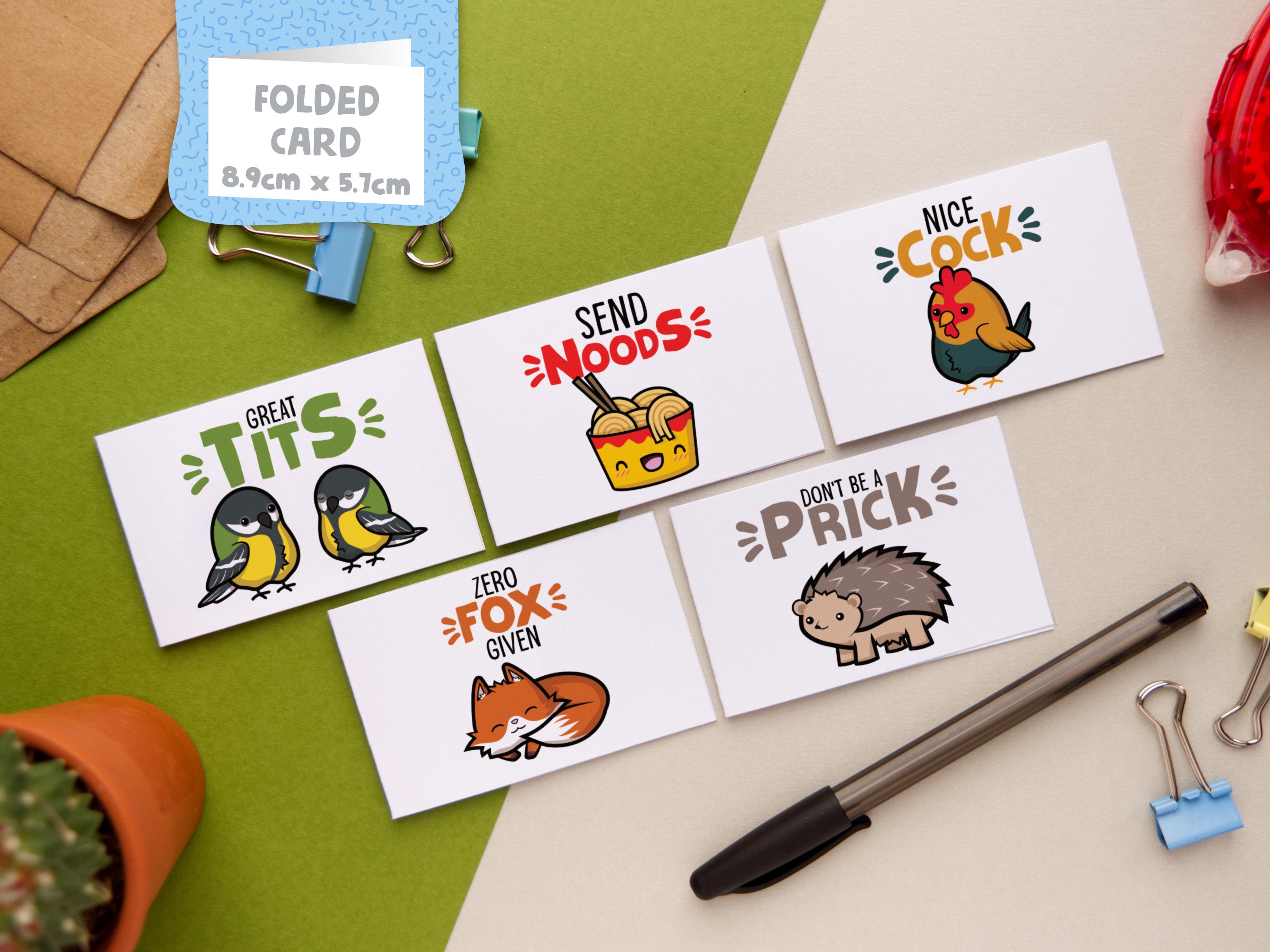 Cheeky Animal Kawaii Pun Note Cards 5-Pack