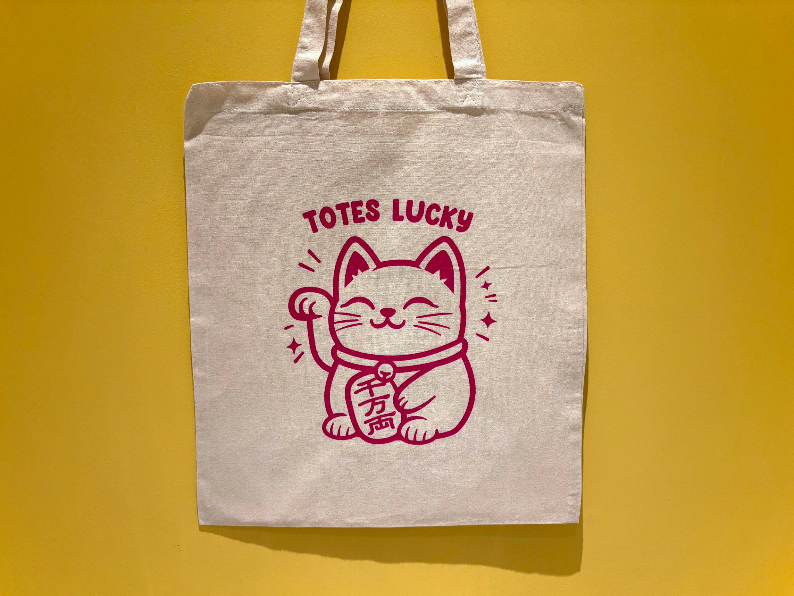 Lucky Cat Tote Bag: Hand Screen Printed Cotton Shopping Bag