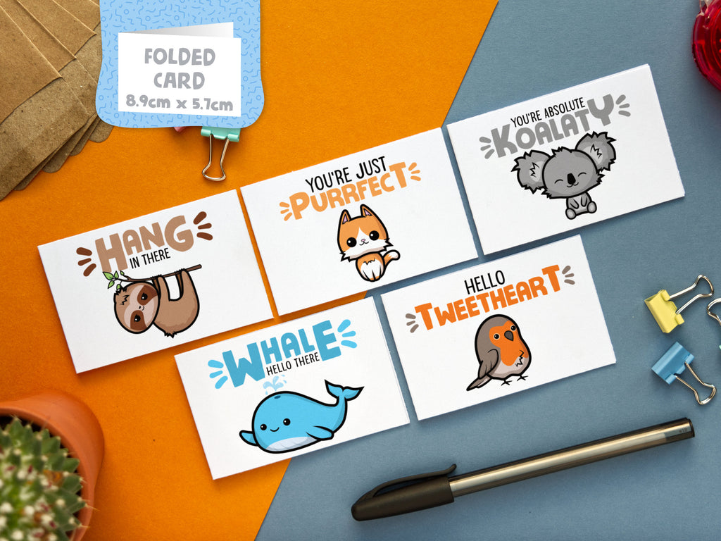 5-Pack Mini Animal Pun Cards: Kawaii Note Cards Pack