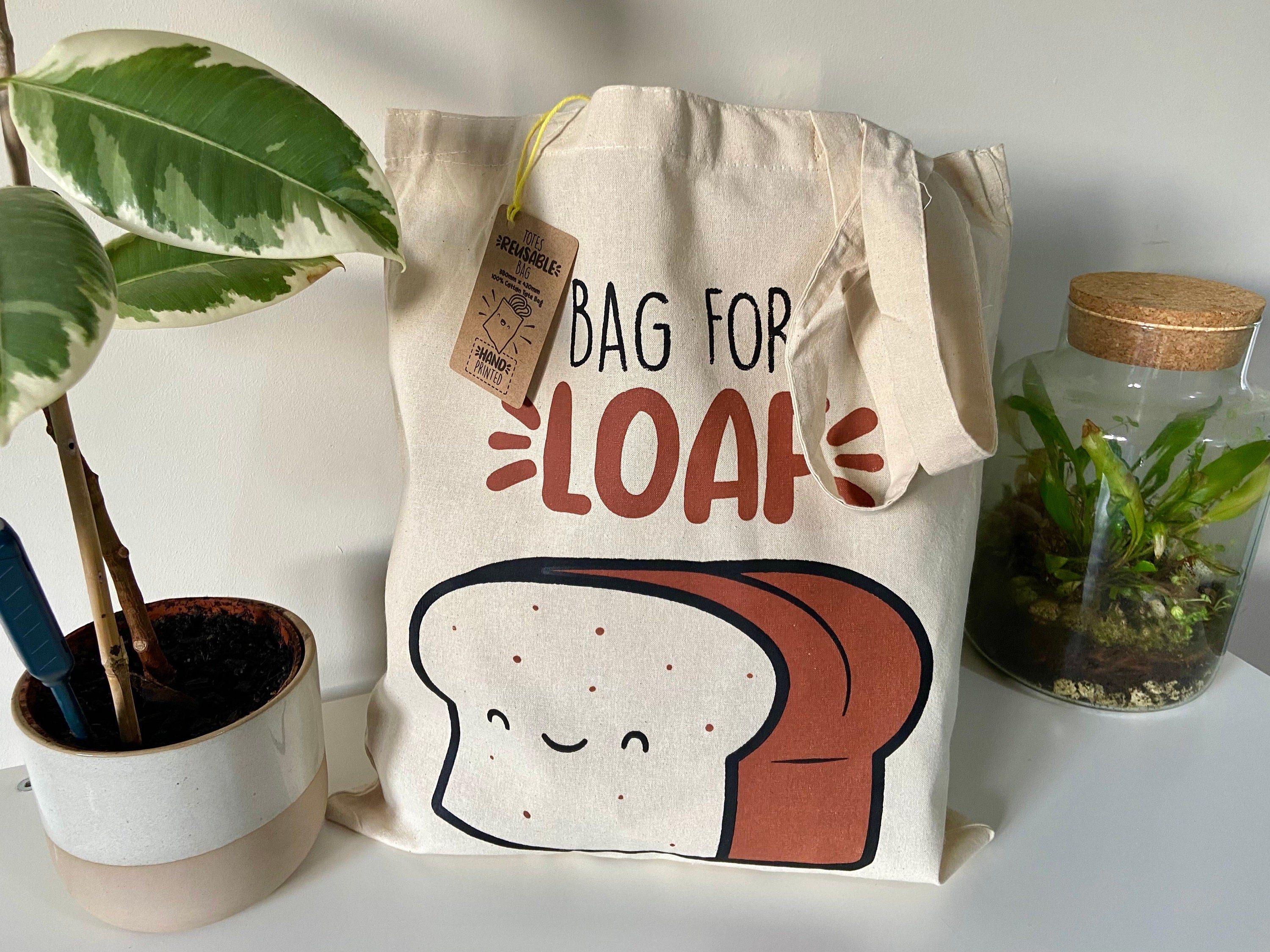 Kawaii Bread Loaf Cotton Tote Bag: Screen Printed Reusable Grocery Bag