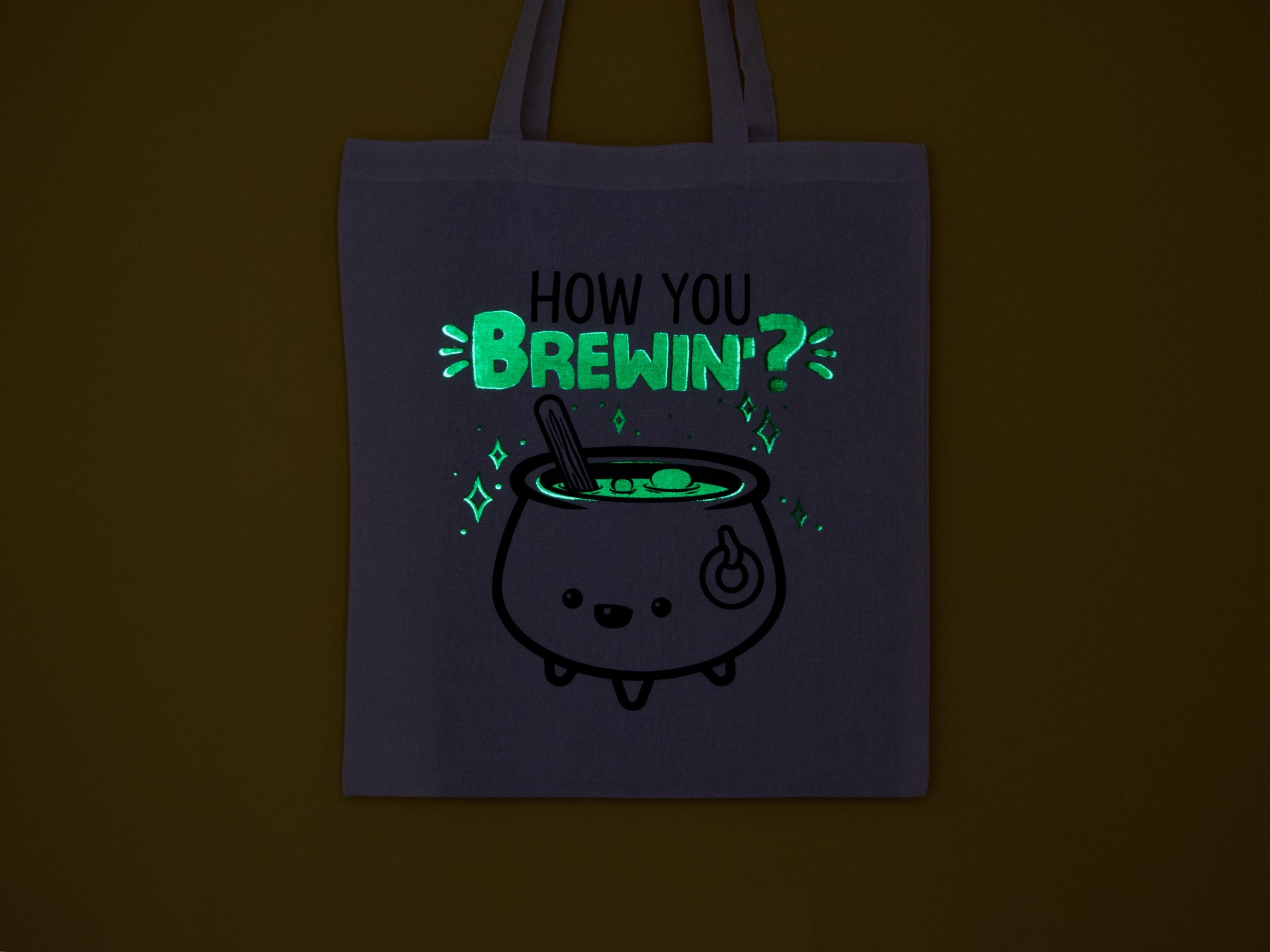 Glow in the Dark Cauldron Tote Bag: Hand Screen Printed Cotton Shopping Bag