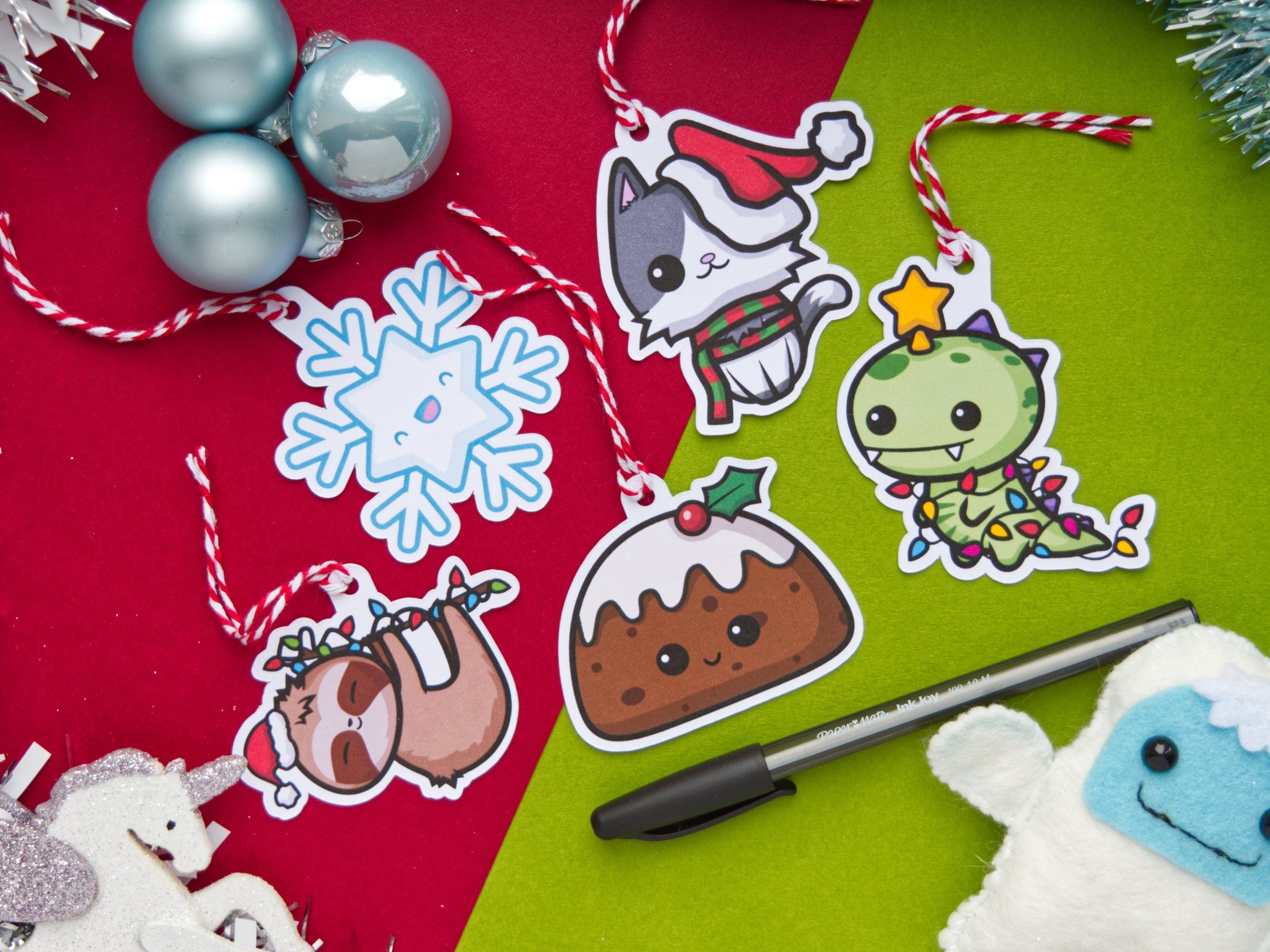 Festive Christmas Kawaii Cute Animal Gift Tags 70mm (Pack of 5) with Red & White Twine