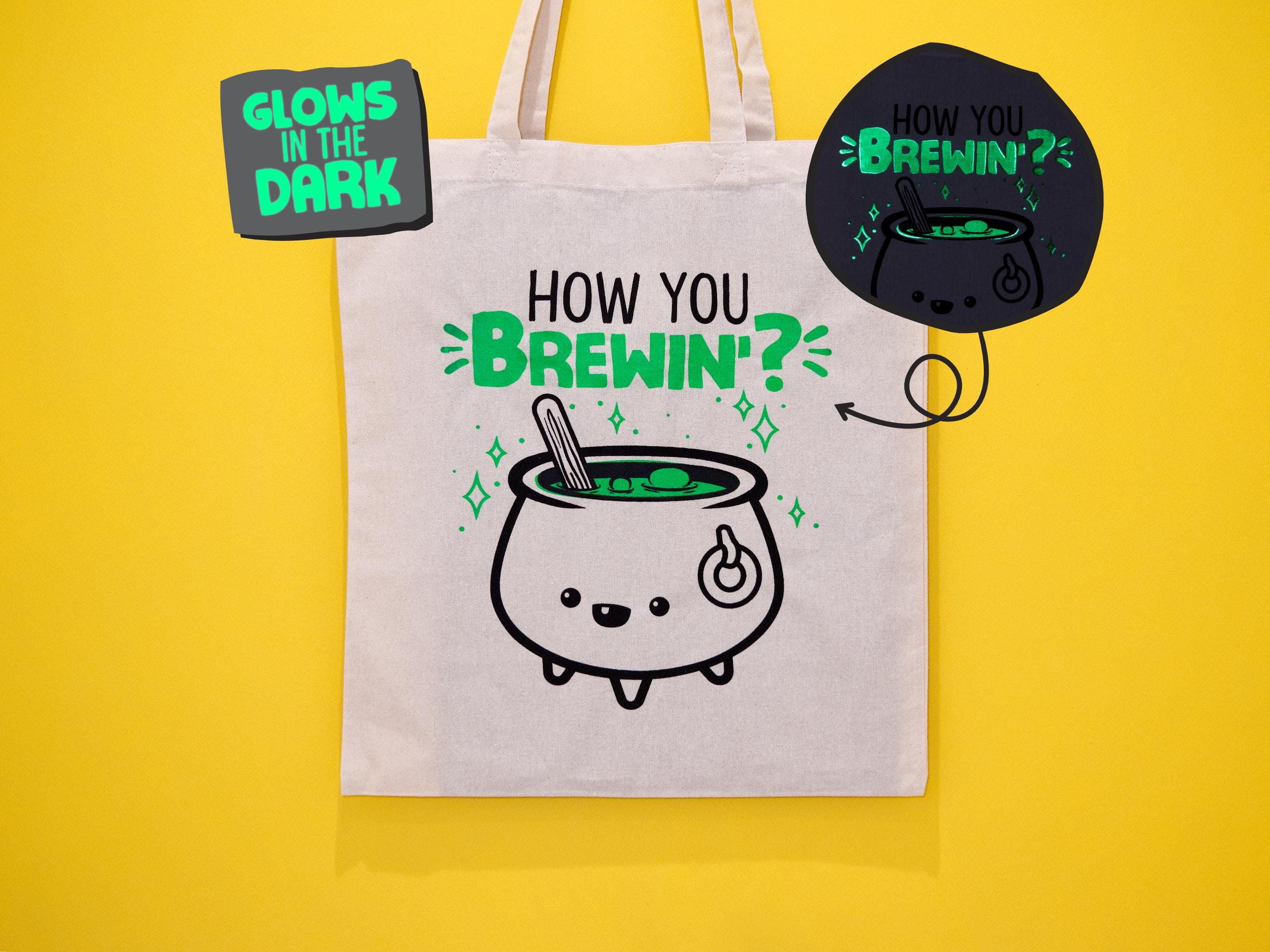 Glow in the Dark Cauldron Tote Bag: Hand Screen Printed Cotton Shopping Bag